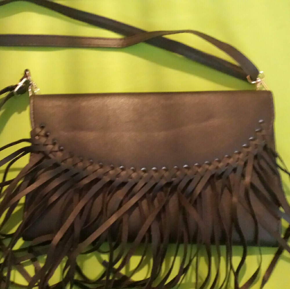 NWOT Vegan Leather Black Fringe Clutch
